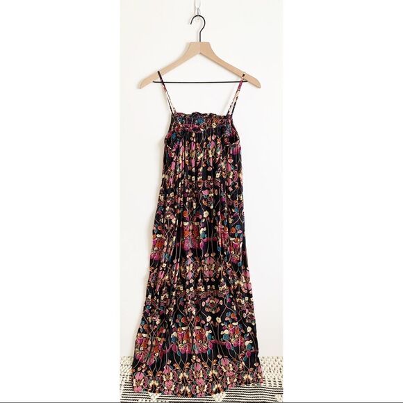 Anthropologie Quilted Floral Maxi Dress Black Size XS Flowy Bohemian Square Neck - Picture 5 of 12